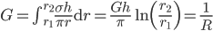 G = \int_{r_1}^{r_2} \frac{\sigma h}{\pi r} \mathrm{d} r = \frac{G h}{\pi} \ln{\Big(\frac{r_2}{r_1}\Big)} = \frac{1}{R}